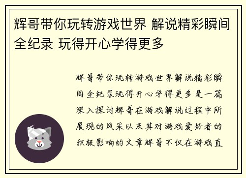 辉哥带你玩转游戏世界 解说精彩瞬间全纪录 玩得开心学得更多