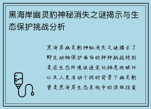 黑海岸幽灵豹神秘消失之谜揭示与生态保护挑战分析 黑海岸幽灵豹神秘消失之谜揭示与生态保护挑战分析