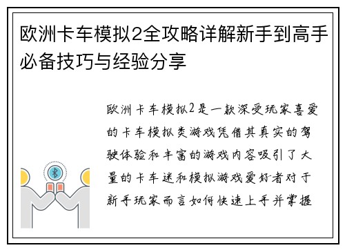 欧洲卡车模拟2全攻略详解新手到高手必备技巧与经验分享